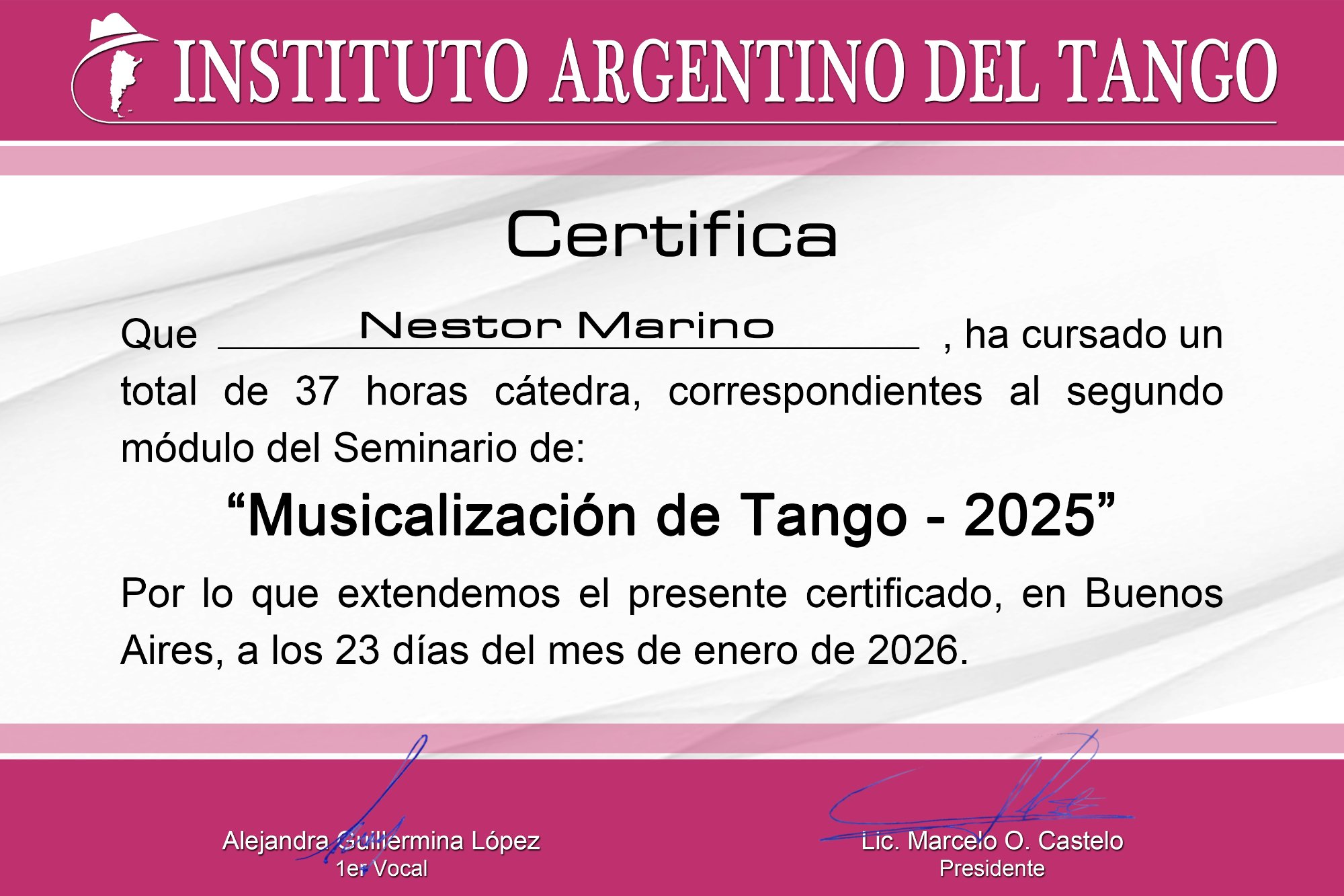 Certificado Seminario Musicalización de Tango 2025 – Segundo Módulo, Enero 2026